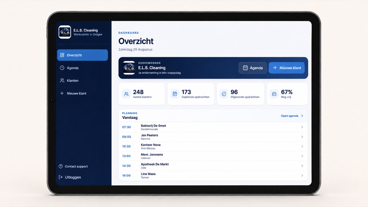 Didgee dashboard van E.L.S. Cleaning, weergegeven op een iPad